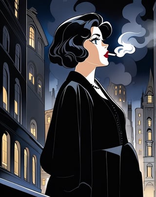 Masterpiece, top quality, high definition, artistic composition, cartoon, 1 woman, black dress, 1930s America, city at night, cigarette in mouth, smoke coming from cigarette, striking, face in darkness, gas light