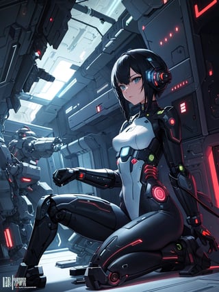 masterpiece, top quality,1 woman, on one knee, hiding, mechanical armor, sexy, gun in hand, spaceship factory in space, space view from inside, dark background, no earth, photo, futuristic, high definition, wide shot, artistic composition, science fiction, cyberpunk