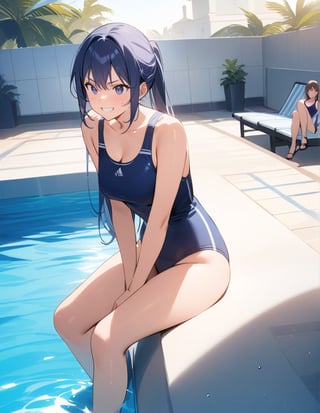Masterpiece, Top quality, High definition, Artistic composition, 2 girls, smiling, angry, talking, girlish gesture, sitting by the pool, looking away, navy blue swimsuit, looking happy, bold composition