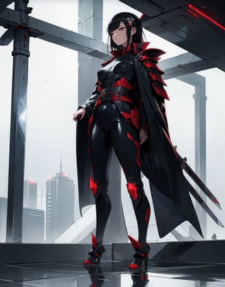  Masterpiece, Top Quality, High Definition, Artistic Composition, 1 girl, Serious face, Standing pose, Kimono-like body suit, White and red, Sword at waist, Armored machine, Slender, Black hair, Hair ornament, Sword like Japanese sword at waist, Full body, Building roof, Dark, Wet floor, From below, Science fiction, Futuristic, Decadence, From above, Perspective, Vapor