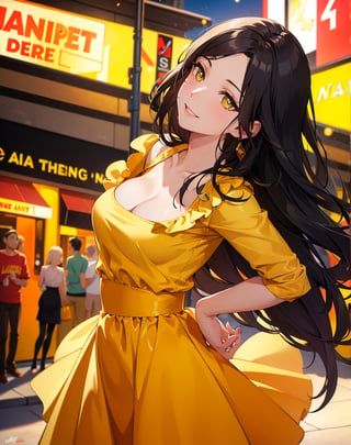Masterpiece, top quality, high definition, artistic composition, cartoon, 1 woman, bad wife, yellow clothes, nightlife, downtown, blurred background, smiling, looking up, looking away, dramatic, mature, affair