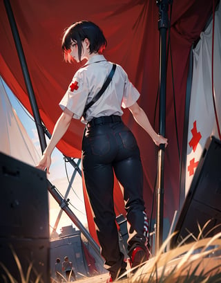 Masterpiece, top quality, high definition, artistic composition, 1 woman, red cross, medical staff, shirt, pants, busy working, displaced persons camp, short hair, tanned, dramatic, film style, wide shot, looking away