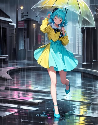 Masterpiece, Top Quality, High Definition, Artistic Composition,1 girl, yellow umbrella, cyan clothing, magenta shoes, eyes closed, smiling, one leg raised, frolicking, feminine gesture, lively, lots of rain, city smoking with rain, puddles at feet, water splashing at feet, ivory colored landscape, Wide shots, bold angles.