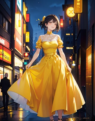 Masterpiece, top quality, high definition, artistic composition, cartoon, one woman, bad wife, yellow dress, night town, downtown, blurred background, smiling, looking up, looking away, dramatic