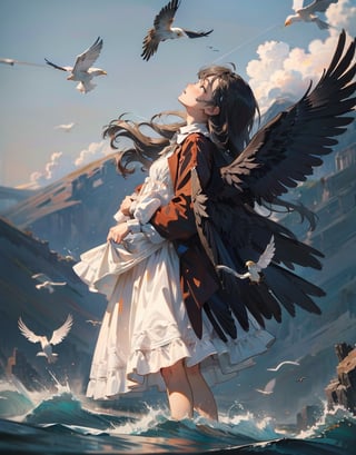Masterpiece, top quality, high definition, artistic composition, 1 woman, looking up, from below, migrating birds flying, flock of birds, Dutch angle, bold composition, wide shot