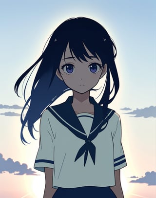  masterpiece, top quality, high definition, artistic composition, 1 girl, sailor uniform, school uniform, Japan, school uniform, worried, bust shot, hand held out in front, backlight, striking sky color,<lora:659111690174031528:1.0>