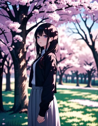  Masterpiece, top quality, high quality, artistic composition, one girl, big cherry tree, standing under tree, one hand on tree, impressive, cherry blossoms in full bloom, petals dancing, beautiful nature, wide shot,girl,<lora:659111690174031528:1.0>