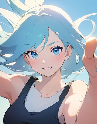 Masterpiece, Top Quality, High Definition, Artistic Composition, 1 girl, smiling with her mouth open, pointing towards me, close-up of fingertips, light blue tank top, bold composition