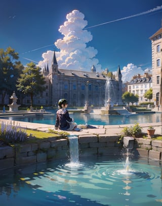 Masterpiece, top quality, high definition, artistic composition, animation, 1 girl, sitting, back view, park, close-up of fountain, shining water, blue sky, European cityscape, cobblestones, market, perspective, bold composition


