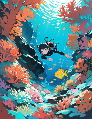 Masterpiece, top quality, high definition, artistic composition, 1 girl, scuba diving, diving, south sea, coral reef, colorful fish, bold composition, striking light, high contrast, underwater