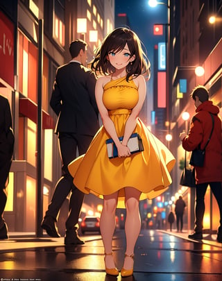 Masterpiece, top quality, high definition, artistic composition, cartoon, one woman, bad wife, yellow dress, night town, downtown, blurred background, smiling, looking up, looking away, dramatic