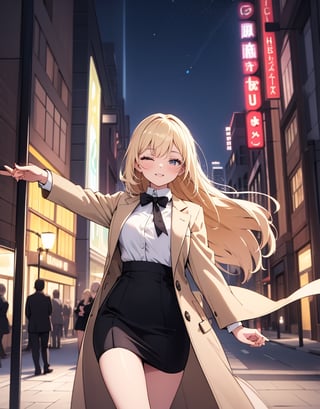 (Masterpiece, Top Quality), High Definition, Artistic Composition, 1 Woman, squinting, smiling, frolicking, feminine action pose, black business suit, tight skirt, white shirt, black tie, wearing hair, looking away, night town, downtown, striking light, dramatic, night Date, Beige coat, Stylish, Wide shot, Lover