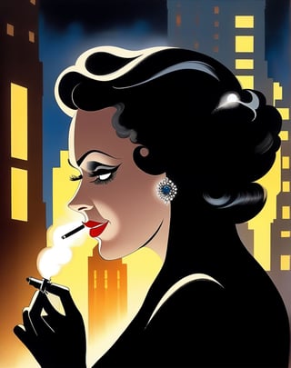 Masterpiece, top quality, high definition, artistic composition, cartoon, 1 woman, black dress, 1930s America, city at night, cigarette in mouth, smoke coming from cigarette, striking, face in darkness, gas light