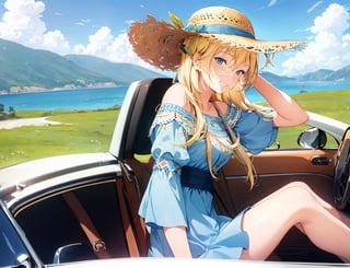 Masterpiece, top quality,khange, 1 girl, squinting and smiling, blonde hair, bright blue dress, straw hat, convertible top car, sitting in passenger seat, hand holding hat, hair blowing in wind, high definition, wide shot, portrait, graceful, from side