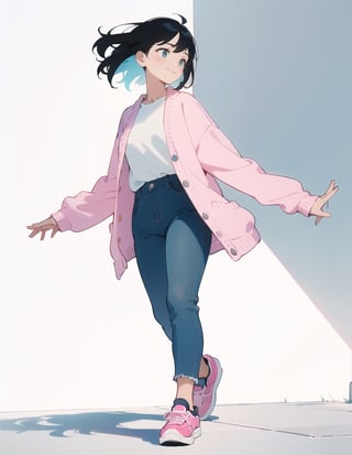 (masterpiece, top quality), high definition, artistic composition, 1 woman, white shirt, pink cardigan, blue pants, blue-green second bag, black sneakers, urban, walking, Dutch angle, stylish, smiling, full body, black hair, lively, hands extended, side view