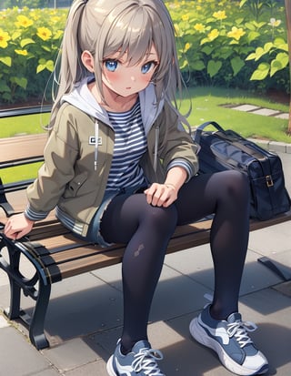 Masterpiece, Top quality, High definition, Artistic composition, One girl, khaki jacket, navy blue and white striped trainers, jean shorts, gray tights, black sneakers, from above, close-up of face, proud face, sitting, park bench, bold composition,girl,photograph
