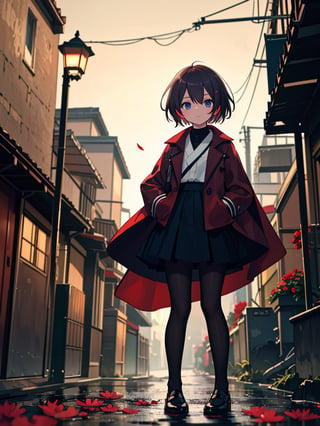 Masterpiece, Top Quality, 1 girl, short hair, red coat, red cape, black shirt, white skirt, beige bag, black pantyhose, hands in pockets, blue eyes, walking, dirty Japanese back alley, night, red street lamp, wet ground, scary atmosphere, high definition, composition from below, drizzle, red flowers in bloom, fish-eye lens, focus on feet, unstable, messy picture, backlight, shadow behind,<lora:659111690174031528:1.0>