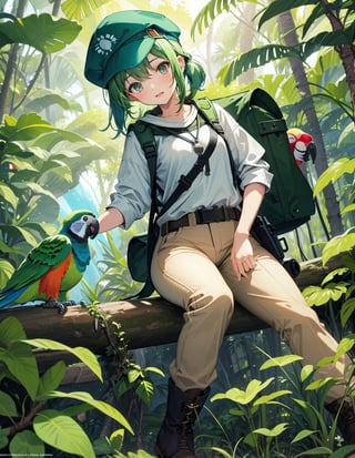 Masterpiece, Top Quality, High Definition, Artistic Composition, One girl, explorer, sitting, green exploration outfit, beige pants, blue cap, jungle boots, smiling, reaching out, composition from front, large backpack in place, jungle, green, parrot and parakeet flying, paradise, sunlight filtering through trees