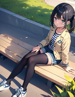 Masterpiece, Top quality, High definition, Artistic composition, One girl, khaki jacket, navy blue and white striped trainers, jean shorts, gray tights, black sneakers, from above, looking up, proud face, sitting, park bench, bold composition