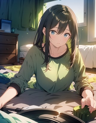 Masterpiece, Top quality, High definition, Artistic composition,1 girl, lying on the floor, on top, green jersey, hair disheveled, sleepy, dirty room, dirty room, messy room, lived in, dark room,breakdomain