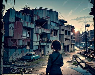 masterpiece, top quality, artistic composition, realistic, 1 girl, fallout, VOLT suit, 1950s US residential area, ruins, post-nuclear war world, wide shot, bold composition, apocalypse, 1960s science fiction, dirty, filthy, decaying car, back view, vast ruins,<lora:659111690174031528:1.0>