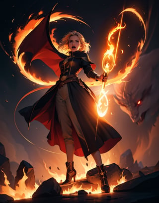 masterpiece, top quality, high definition, artistic composition, 1 woman, wizard, standing, holding magic wand, shouting, cowboy shot, powerful pose, magic circle, huge fire dragon behind, summoning, fire sparks, backlit, fantasy, dramatic, from front