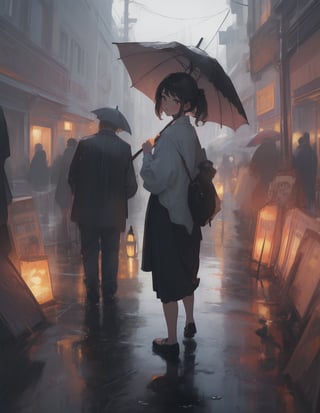 Souvenir masterpiece, top quality, high definition, artistic composition, mother of one, standing with umbrella, picking up child, smiling, looking toward, back view of one child in foreground, raining, wide shot, portrait,girl