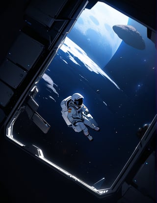 Masterpiece, Top Quality, High Definition, Artistic Composition,1 girl, spacesuit, spacewalk, asteroid, spaceship hatch, dark space, Dutch angle, helmet, working, high contrast