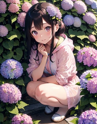 Masterpiece, Top Quality, High Definition, Artistic Composition, One girl, light pink raincoat, bent forward, focus on face, blue and pink hydrangea, smiling, raining, dim, enjoying, park, snail, from front, dark hair, dark eyes, from below, close-up of hydrangea flower in foreground, hand on knee,breakdomain