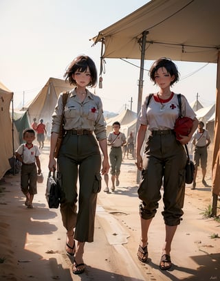 Masterpiece, top quality, high definition, artistic composition, 1 woman, red cross, medical staff, shirt, olive pants, busy working, displaced persons camp, short hair, tan, dramatic, film style, wide shot, dusty, hot sun, smiling, stooping, children running around, realistic,girl