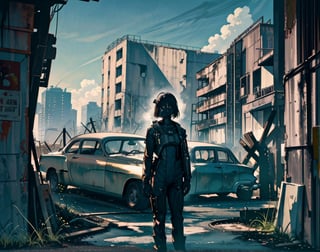 masterpiece, top quality, artistic composition, realistic, 1 girl, fallout, VOLT suit, 1950s American residential neighborhood, ruins, post-nuclear war world, wide shot, bold composition, apocalypse, 1960s science fiction, dirty, filthy, decaying car,<lora:659111690174031528:1.0>