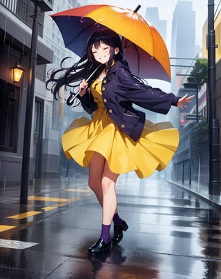Masterpiece, Top Quality, High Definition, Artistic Composition,1 girl, bright yellow umbrella, indigo clothing, eggplant shoes, eyes closed and smiling, one leg raised and frolicking, feminine gesture, lively, lots of rain, city smoking with rain, puddles at feet, water splashing at feet, ivory colored landscape , wide shots, bold angles, except for the umbrellas.