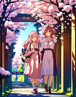  Masterpiece, Top Quality, High Definition, Artistic Composition, 2 girls, smiling, smiling with mouth open, walking and talking, cute gesture, tunnel of cherry trees in watercolor style, spring coordination, portrait, cherry blossom in full bloom, wide shot, cherry blossom frame, pastel colors,<lora:659111690174031528:1.0>