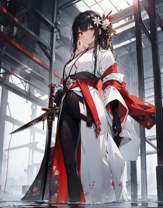  Masterpiece, Top Quality, High Definition, Artistic Composition, 1 girl, Serious face, Standing pose, Kimono-like body suit, White and red, Sword at waist, Armored machine, Slender, Black hair, Hair ornament, Sword like Japanese sword at waist, Full body, Large warehouse, Dark, Light shining, Floor is wet, From below, Science fiction, Futuristic, Decadence