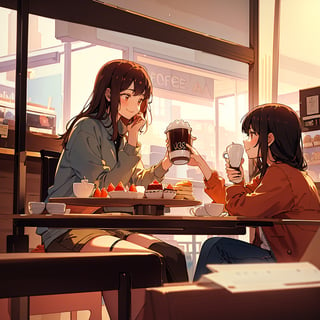 Masterpiece, Top quality, High definition, Artistic composition, Two girls, Friends, Coffee store, Eating shortcake, Smiling, Talking, Looking away, Retro store, Side view, Striking light, Portrait