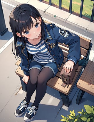 Masterpiece, Top quality, High definition, Artistic composition, One girl, khaki jacket, navy blue and white striped trainers, jean shorts, gray tights, black sneakers, from above, close-up of face, proud face, sitting, park bench, bold composition