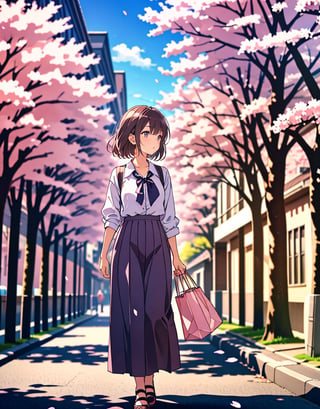  Masterpiece, top quality, high quality, artistic composition, one woman, housewife, carrying shopping bag, casual fashion, standing, front view, downtown shopping street, cherry blossom tree, cherry blossoms in bloom, petals dancing, nice weather, portrait,girl,<lora:659111690174031528:1.0>