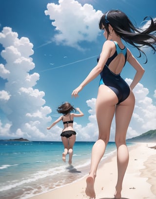 Masterpiece, Top Quality, High Definition, Artistic Composition,3 girl, cute swimsuit, running on beach toward ocean, ocean, sandy beach, from behind, from below, backlit, blue sky, frolicking, bold composition, dirt bouncing underfoot, wide shot, lively, high contrast