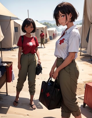 Masterpiece, top quality, high definition, artistic composition, 1 woman, red cross, medical staff, shirt, olive pants, busy working, displaced persons camp, short hair, tan, dramatic, film style, wide shot, dusty, hot sun, smiling, stooping, children running around, realistic,girl