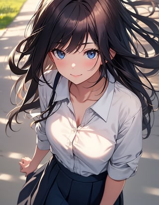 Masterpiece, Top Quality, High Definition, Artistic Composition, 1 girl, close-up of face, from above, smiling, thin eyes open, khaki cotton shirt, long navy blue skirt, park, portrait, dark hair, walking