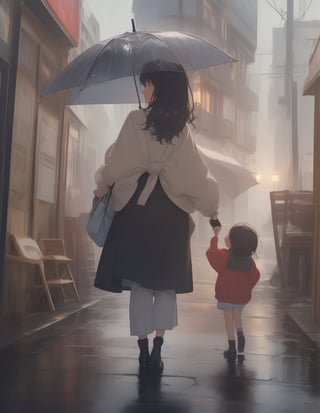 Souvenir masterpiece, top quality, high definition, artistic composition, mother of one, standing with umbrella, picking up child, smiling, looking toward, back view of one child in foreground, raining, wide shot, portrait,girl