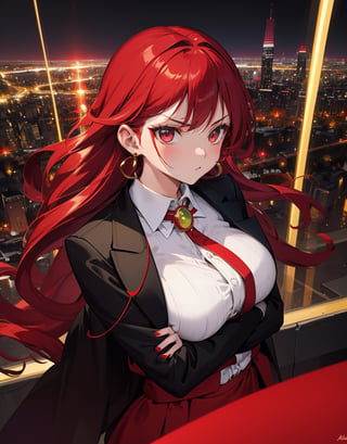 Masterpiece, top quality, high definition, artistic composition, 1 girl, angry, arms crossed, from above, from front, close-up of face, red rouge, golden earrings, dark green jacket, white shirt, night city, city lights, bold composition, powerful