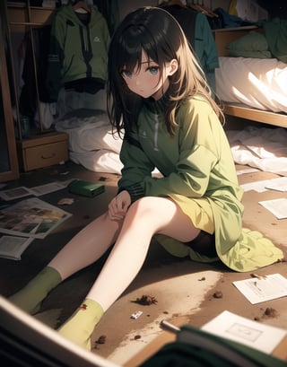 Masterpiece, Top quality, High definition, Artistic composition,1 girl, lying on the floor, on top, green jersey, hair disheveled, sleepy, dirty room, dirty room, messy room, lived in, dark room,breakdomain