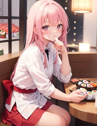 Masterpiece, Top Quality, High Definition, Artistic Composition, One girl, eating sushi, smiling, blush on cheek, hand on cheek, girlish gesture, white cotton shirt, sitting, American sushi restaurant,