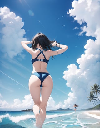 Masterpiece, Top Quality, High Definition, Artistic Composition,3 girl, cute swimsuit, running on beach toward ocean, ocean, sandy beach, from behind, from below, backlit, blue sky, frolicking, bold composition, dirt bouncing underfoot, wide shot, lively, high contrast