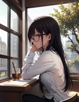 Masterpiece, Top Quality, High Definition, Artistic Composition, One Woman, Black Rimmed Glasses, Dark Hair, Ennui, Sitting, Desk, Reading Hardcover Book, Intellectual, Calm, White Shirt, Black Pants, Library, Window Seat, Cold Light, Tree Green, From Side, Morning, Bust Shot