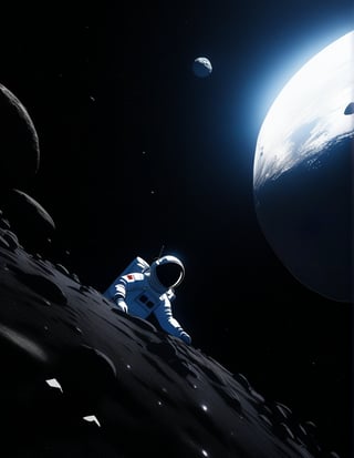 Masterpiece, Top Quality, High Definition, Artistic Composition,1 girl, spacesuit, spacewalk, asteroid, spaceship hatch, dark space, Dutch angle, helmet, working, high contrast,photograph