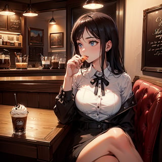 Masterpiece, top quality, high definition, artistic composition, 1 girl, eating ice cream, looking away, retro coffee shop, dark interior, bold composition, portrait, close-up of ice cream
