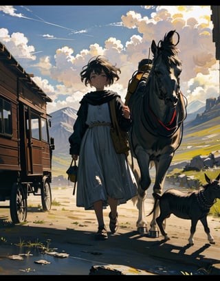 masterpiece, top quality, artistic composition, realistic, 1 girl, short cut, nomadic dress, walking with donkey in tow, caravan, wasteland, valley, fantasy, striking,<lora:659111690174031528:1.0>