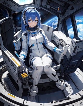  Masterpiece, Top Quality, High Definition, Artistic Composition, 1 girl, smiling, tight white space suit, outer space, sitting in narrow cockpit of spaceship, front view, crammed with machinery, futuristic, organic headset, science fiction, blue hair, blue eyes, communicating, looking up, one hand touching hair, from below, legs open